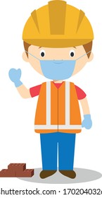 Cute cartoon vector illustration of a builder with surgical mask and latex gloves as protection against a health emergency