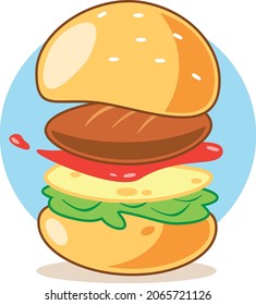 lindo dibujo vectorial de dibujos animados ilustración de pilas de ingredientes de hamburguesa 