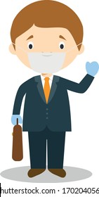 Cute cartoon vector illustration of a businessman with surgical mask and latex gloves as protection against a health emergency