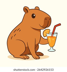 Cute cartoon vector illustration of a capybara holding a tropical cocktail. Bright, minimal flat style, perfect for summer designs, stickers, children’s books, prints, branding, and web graphics.