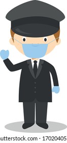 Cute cartoon vector illustration of a chauffeur with surgical mask and latex gloves as protection against a health emergency