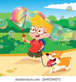 Ilustração de vetor de desenhos animados bonito de um menino loiro alegre em óculos andando com seu cachorro corgi feliz em um dia ensolarado. 