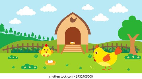 Vector de dibujos animados lindo Ilustración del prado rural de pollo y granja