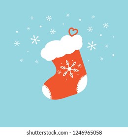 Cute cartoon vector illustration with christmas stocking, sock-shaped bag and snowflakes.