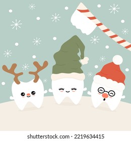 Cute cartoon vector illustration with christmas funny teeth with holiday elements