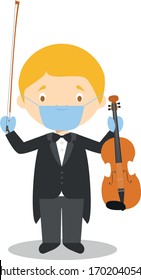Cute cartoon vector illustration of a classic musician with surgical mask and latex gloves as protection against a health emergency