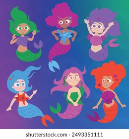 Cute cartoon vector illustration of colorful mermaids. Beautiful fun fantasy girl characters swimming underwater. Hair floating. Flat colors