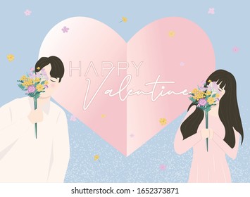 Cute cartoon vector illustration  of Couple boy and girl holding  a bouquet of flowers valentine greeting card