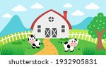 Cute Cartoon Vector Illustration of Cow and Farm Rural Meadow