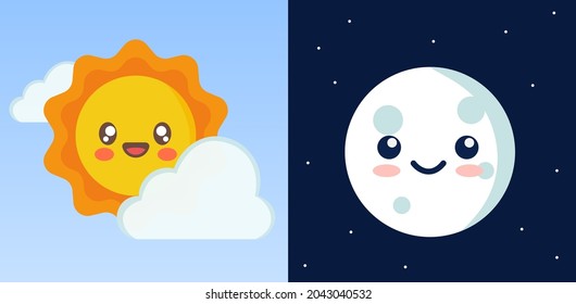 Cute cartoon Vector illustration of day and night. Day night concept, sun and moon, day night