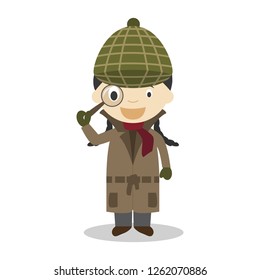 Cute cartoon vector illustration of a detective. Women Professions Series