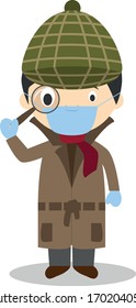 Cute cartoon vector illustration of a detective with surgical mask and latex gloves as protection against a health emergency