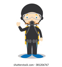 Cute cartoon vector illustration of a diver