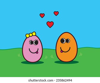 Cute cartoon vector illustration of egg couple in orange and pink with love hearts. background is green grass & bright blue sky. Designed for Easter, Valentine's Day or any romantic occasion. EPS 10.