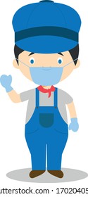 Cute cartoon vector illustration of an engine with surgical mask and latex gloves as protection against a health emergency