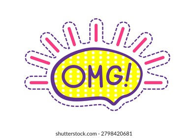 Cute cartoon vector illustration of an exclamation word omg handwritten text with pop art rays. Kawaii sticker isolated on white background.