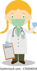 Cute cartoon vector illustration of a female doctor with surgical mask and latex gloves as protection against a health emergency