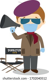 Cute cartoon vector illustration of a filmmaker with surgical mask and latex gloves as protection against a health emergency