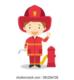 Cute cartoon vector illustration of a firefighter