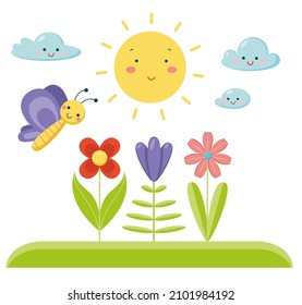 Cute cartoon vector illustration with flowers, butterfly, clouds and the sun. 