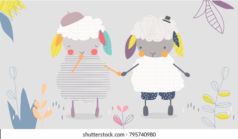 Cute cartoon vector illustration of fluffy two love sheep wearing in casual and cap in the spring summer time. Set of graphic elements for kids. Childish hand drawn lamb. Greeting card, wrap, fabric.