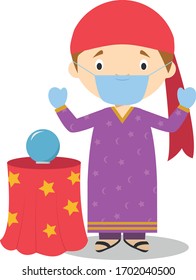 Cute Cartoon Vektorillustration Illustration eines Wahrsagers mit chirurgischer Maske und Latexhandschuhen als Schutz vor einer gesundheitlichen Notsituation