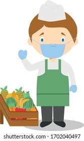 Cute cartoon vector illustration of a fruit seller with surgical mask and latex gloves as protection against a health emergency