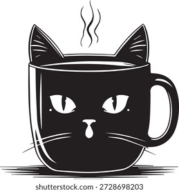 Cute cartoon vector illustration of a funny black kitten character with large eyes sitting in a cup of coffee as a feline silhouette art design