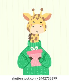 Cute cartoon vector illustration of a giraffe with a gift. Birthday card. Children's illustration for baby shower, prints for clothes, cards,dishes.