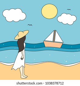 cute cartoon vector illustration with girl watching the sea in a sunny day