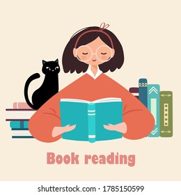 Cute cartoon vector illustration of a girl reading a book and a cute black cat. Illustration concept for learning, distance learning and self-education.
