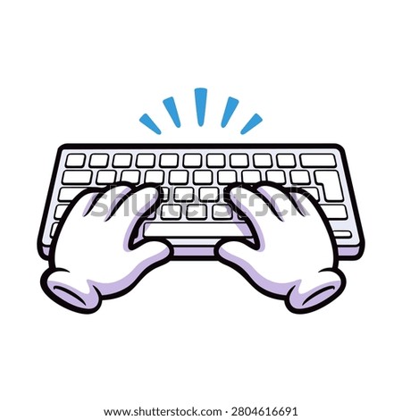 Cute cartoon vector illustration of gloved hands typing on a computer keyboard. Perfect for technology, office, business, programming, coding, digital workspace, productivity, online communication, and web design concepts. Isolated on white background.