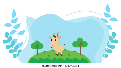 Cute Cartoon Vector Illustration of Goat and Farm Rural Meadow