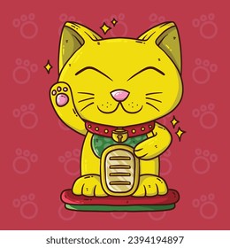 Cute Cartoon vector illustration of golden maneki neko cat. Vector illustration of white cat with a raised paw, holding golden coin, Japanese symbol of good luck, wealth and well-being