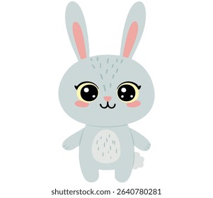 Ilustração de vetor de desenhos animados bonito de um coelho cinza feliz com olhos grandes. Este design de personagem adorável oferece um visual doce e suave. Perfeito para a Páscoa, produtos infantis ou arte infantil.