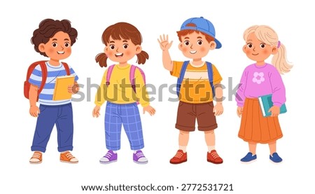 Cute cartoon vector illustration of happy school kids with backpacks and books. Cute elementary school students characters isolated on white background