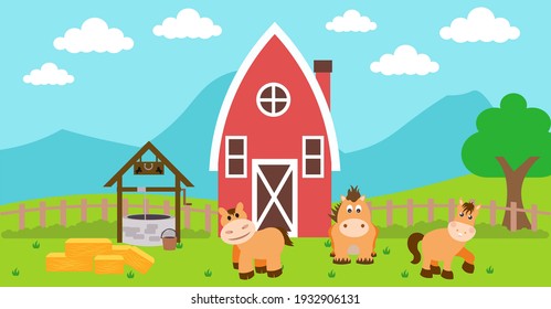 Cute Cartoon Vector Illustration of Horse and Farm Rural Meadow