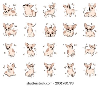 Cute Cartoon Vector Illustration icon set of Chihuahua puppy dogs. It is flat design.