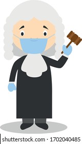 Cute cartoon vector illustration of a judge with surgical mask and latex gloves as protection against a health emergency