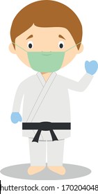 Cute cartoon vector illustration of a karateka with surgical mask and latex gloves as protection against a health emergency