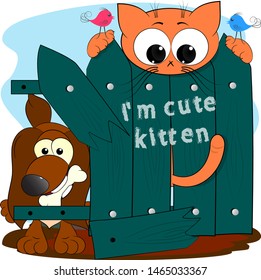 cute cartoon vector illustration. cute kitten and dog. cartoon comic vector illustration.