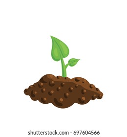 Cute cartoon vector illustration of a little fresh green sprout sprouting from a knot of soil. Symbol of new born and beginning
