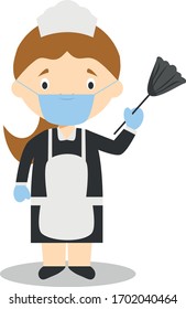 Cute cartoon vector illustration of a maid or cleaning girl with surgical mask and latex gloves as protection against a health emergency