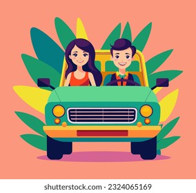 cute cartoon vector illustration of a man and a woman in a car among the jungle on a journey