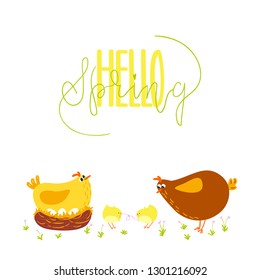 Cute cartoon vector illustration. Mom chicken and baby's. Lettering - Hello Spring!