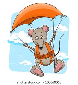 Cute cartoon vector illustration of Mouse flying on the parachute.