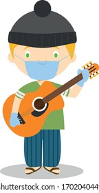 Cute cartoon vector illustration of a musician with surgical mask and latex gloves as protection against a health emergency