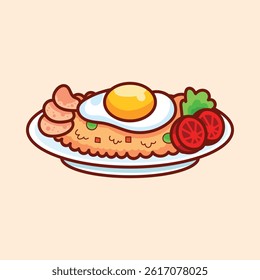 Cute cartoon vector illustration of Nasi Goreng, Indonesian fried rice, with a fried egg, shrimp crackers, tomato slices, and lettuce on a plate. Whimsical food design.