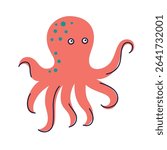 Cute cartoon vector illustration of octopus character. Smiling sea animal with big eyes and wavy tentacles. Flat design for kids, baby products, underwater theme, toys, learning materials icon
