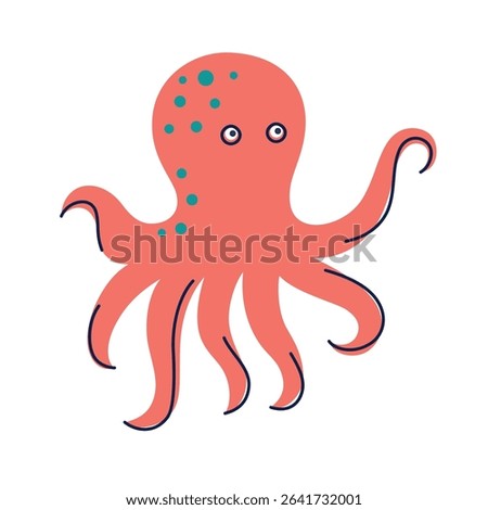 Cute cartoon vector illustration of octopus character. Smiling sea animal with big eyes and wavy tentacles. Flat design for kids, baby products, underwater theme, toys, learning materials icon